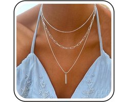 Dames Multilayer Ketting Zilver - Fijne Kettingen met Staafhanger - Boho Choker