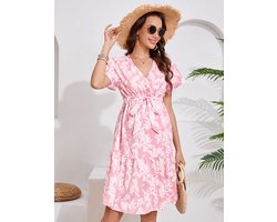 Dames zomer zwangerschapsjurk met V-hals, voedingsjurk, casual elegante zwangerschapsjurk met riem Roze M