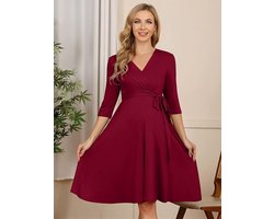 Dames zwangerschapsjurk, zwangerschapsjurk voor zwangere vrouwen, voedingsjurk, V-hals, lange mouw met tailleriem Wijn rood S