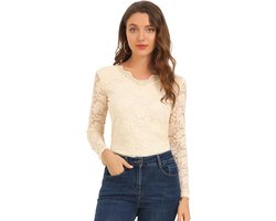 Damesblouse met bloemenborduurwerk en doorschijnende lange mouwen - Kanten blouse voor dames - Bloemenpatroon - Feestelijke kleding