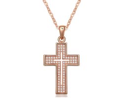 Damesketting met 18k Roségoud Vergulde Kruis Hanger en Witte Zirkonia Kristallen