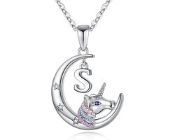 Eenhoorn Ketting met Maan Hanger voor Meisjes - 14K Witgoud Verguld - Kleurrijke Zirkonia Sieraden Cadeau