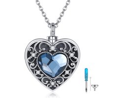 Hanger Urn Ketting Hartvormig met Blauw Kristal | Assieraad 925 Sterling Zilver