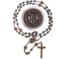 Heilige Rozenkrans met Hematiet Kralen, Medaillon van Aartsengel Michaël en Kruis
