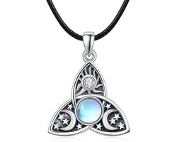 Keltische Maan Godheid Ketting met Maansteen en Drie-eenheid Knoop Hanger in Sterling Zilver