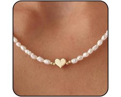 Lange 14K Gouden Parelketting Dames met Witte Parels en Hart Hanger