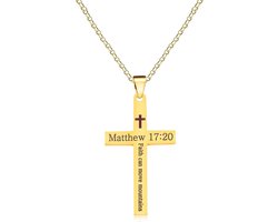 Roestvrij Stalen Kruis Ketting met Gegraveerd Bijbelvers Mattheüs 17:20 | Gepersonaliseerde Sieraden voor Geloof en Meditatie
