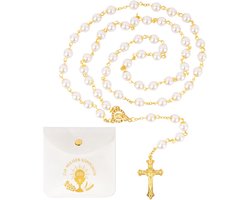 Rozenkrans halsketting voor dames en meisjes - gebedsketting voor communie en doop - lange ketting in roze en wit