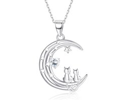 Schattige Kat Hanger Halsketting - 925 Sterling Zilver Maan Sieraad voor Dames