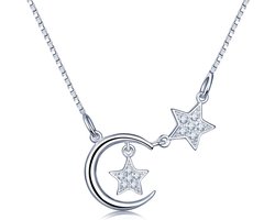 Verstelbare Zilveren Halsketting met Maan en Sterren Pendentief voor Dames