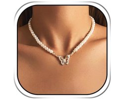 Vintage Parels En Gouden Vlinder Halsketting Met Strassteentjes Voor Dames