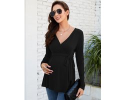 Vrouwen Voedingsshirt, Zwangerschapsshirt Met V-Hals, Lange Mouwen Voedingstop Met Riem, Zwangerschapskleding Zwart XL