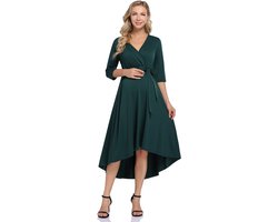 Vrouwen zwangerschapsjurk Feestelijke voedingsjurk V-hals 3/4 mouw zwangerschapsjurk met tailleband Donkergroen M