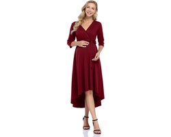 Vrouwen zwangerschapsjurk Feestelijke voedingsjurk V-hals 3/4 mouw zwangerschapsjurk met tailleband Wijnrood S