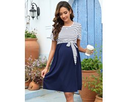 Vrouwen zwangerschapsjurk ronde hals gestreepte zwangerschapsjurk korte mouwen casual zwangerschapsmode met riem Marine XL
