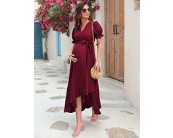 Zwangerschapsjurk Dames Borstvoedingsjurk V-hals Korte mouwen Zwangerschapsjurk met Ruches Jurk Bordeaux L