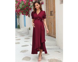 Zwangerschapsjurk Dames Borstvoedingsjurk V-hals Korte mouwen Zwangerschapsjurk met Ruches Jurk Bordeaux M