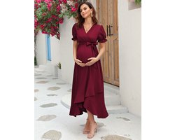 Zwangerschapsjurk Dames Borstvoedingsjurk V-hals Korte mouwen Zwangerschapsjurk met Ruches Jurk Bordeaux XL