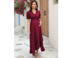 Zwangerschapsjurk Dames Borstvoedingsjurk V-hals Korte mouwen Zwangerschapsjurk met Ruches Jurk Bordeaux XXL