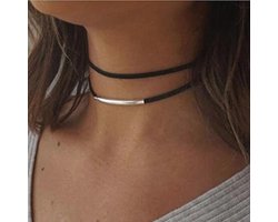 Zwart Fluwelen Dubbellaags Choker Ketting met Zilveren Buiselementen voor Vrouwen en Meisjes