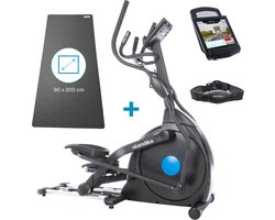 Skandika CardioCross Carbon Champ Elliptische Crosstrainer met beschermingsmat – Crosstrainers – Cardio trainer met 24,5kg vliegwielmassa en magnetisch remsysteem - Multifunctionele computer, Bluetooth, tablethouder, Kinomap - Tot 150kg – zwart