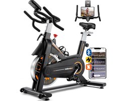 Hometrainer – Fitnessfiets – Binnenfiets – Spinbike – Fiets – Stille Riemaandrijving – Zwaar Vliegwiel – Verstelbaar Zadel – Digitaal Display – Zwart Oranje