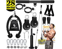 ASHBRIT® Fitness kabelsysteem XL PRO – Professioneel Kwaliteit - Dubbele katrollen systeem - Dual pulley system - Krachttraining - Lat pulley - Krachtstation - Karabijnhaken met beveiliging! - 28 Delige set