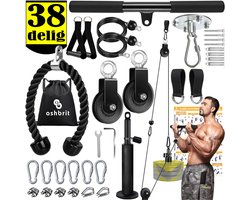 ASHBRIT® Fitness kabelsysteem XL PRO+ – Professioneel Kwaliteit - Dubbele katrollen systeem - Dual pulley system - Krachttraining - Lat pulley - Krachtstation - Karabijnhaken met beveiliging! - 38 Delige set - Incl. Plafondhaak