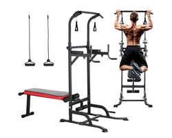 CINK Fitness – Power Tower Multifunctioneel met Opvouwbare Fitnessbank & Weerstandsbanden | Dip Station, Optrekstang & Krachtstation | Thuisgym tot 200 kg | Zwart/Rood