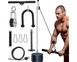 Fitness Kabeltrek Katrolsysteem voor Thuis – Latzug Set met Tricepstouw en Stang voor Rug, Arm en Schoudertraining