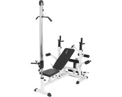 Gorilla Sports Universele Halterbank + Lat Pulley - Belastbaar tot 280 kg - Wit