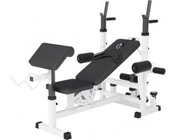 Gorilla Sports Universele Halterbank Wit - Verstelbare Fitness Bank - Homegym Bank - Dipsteunen - Haltersteunen - Butterflies - Leg Curl