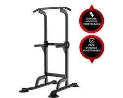 Krachtstation – Multifunctioneel Trainingsrek – Power Tower met Pull up bar – Fitness apparaat voor thuis – Krachttraining – Anti-slip handvaten – Sport Apparatuur – In hoogte verstelbaar – B75xL82xH165-210 cm – Viper Sports – Zwart