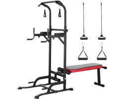 Krachttoren Fitnessstation – Krachtstation - Unisex – Zwart – Staal & PU Leer – Verstelbaar 181-234cm – Met Opvouwbare Trainingsbank & Weerstandsband – Belastbaar tot 200kg – Voor Pull-Ups, Dips & Thuisfitness