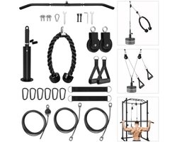 Pulley systeem – Katrol set – Lat pull down – Pull-up bar – Triceps touw – Handgrepen – Complete krachttraining set – Kabelsysteem voor homegym – Verstelbare kabeltrainer – Geschikt voor halterschijven – Belastbaar tot 150 kg – Fitness accessoire