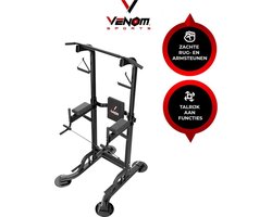 Venom Sports Krachtstation - Multifunctioneel trainingsrek - Power tower met Pull up bar – Fitness apparaat krachttraining – Anti-slip handvaten – Super stabiel – In hoogte verstelbaar – B97xL90xH155-230 cm – Zwart