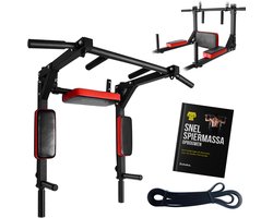 Zoluko Professionele Dip & Pull Up Bar Wandmontage - Incl. Weerstandsband Medium en E-book - 200kg Draagkracht - Dip Station - Eenvoudige Bevestiging - 2 in 1 Pull Up Station en Dip Station - Optrekstang Fitness - Dip Bars - Chin Up Bar - Zwart/Rood