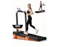 6-in-1 opvouwbare loopband met een stille motor. De loopband beschikt over een instelbare helling tot 15%, een verend loopvlak en ondersteunt een maximaal gewicht van 136 kg