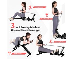 3-in-1 Roeitrainer - Zwart - Multifunctionele Roeimachine met Buiktrainer - Voor Thuisgebruik