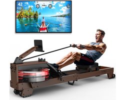 HOB Roeitrainer - Inklapbaar Ruimte Besparend - Bluetooth & Tablet houder - Hout kleur - LED-display en Compatibele app - Roeiapparaat Voor Thuis - Opvouwbaar