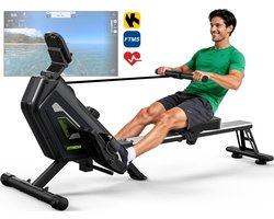 Magnetische roeimachine met 16 niveaus weerstand, Bluetooth-connectiviteit, ondersteunt een hoogte van 150-200 cm en een laadcapaciteit van 160 kg