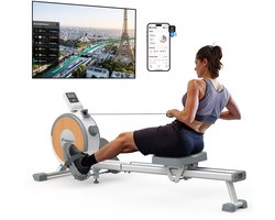 MERACH Roeimachine voor thuis - Stille magnetische roeitrainer- Exclusieve app - 16 weerstandsniveaus - Verbeterde dubbele glijrails - Bluetooth-display & tablet-houder - Verticale opslag - Gemakkelijk te monteren - Belastbaar tot 158 kg