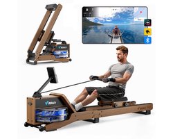 MERACH Roeitrainer voor thuis van rode eikenhout - Waterroeimachine - Inklapbaar ontwerp - Bluetooth-display - Compatibel met Kinomap - Verstelbare telefoonhouder & ergonomisch zitje - Eenvoudige montage - Verticale opslag - Belastbaar tot 158 kg
