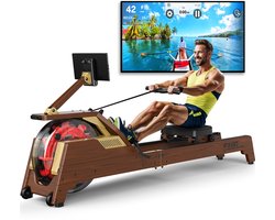 MettleMatic Roeitoestel voor thuis, van eikenhout, 90° watertank, verhoogde rail en tablethouder, compatibel met app, waterroeitoestel, max. 182 kg belastbaar