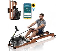 Roeimachine - Houten Waterroeitrainer - Opvouwbaar - 6-Traps Stille Weerstand - 14 L Watertank - LCD-scherm - Bluetooth App - Draagvermogen 158 kg