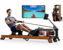 Roeitrainer – Roeimachine – Fitnessapparaat – Waterroeier – Indoor Rower – Massief Eikenhout – Opvouwbaar Met Tablethouder – Bluetooth Verbinding – Geschikt Tot 180 Kg – Voor Gebruikers Tot 200 Cm
