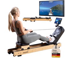 Skandika Roeiapparaat Rovek - Roeimachine van hout voor thuis, magneetweerstand met 32 niveaus, 6 kg vliegwielsysteem, compatibel met Kinomap-app, opklapbaar, geschikt tot 195 cm