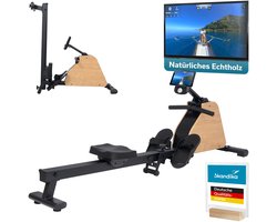 Skandika roeimachine voor thuis, inklapbaar Treliv P6 - Roeitrainer krachttraining, frame van ijzer met echt hout, magneetrem, 16 standen, 20 programma’s, Bluetooth & compatibel met Kinomap app, tot 120 kg