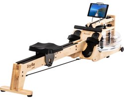 Skandika Styrke Premium Alpenden Roeitrainer - Roeitrainers - Roeiapparaat Fitness - Houten waterroeier & regelbare waterweerstand, waterroeiapparaat voor thuis, gebruiker 200 cm/180 kg - 211x54x68 cm (LxBxH) - Made in Germany – naturel/zwart