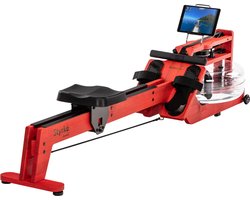 Skandika waterroeier Styrke Premium - Made in Germany, roeimachine water van hout, Kinomap app-functie, roeitrainer voor thuis, essen uit Duitsland, rood gekleurd geolied, tot 180 kg